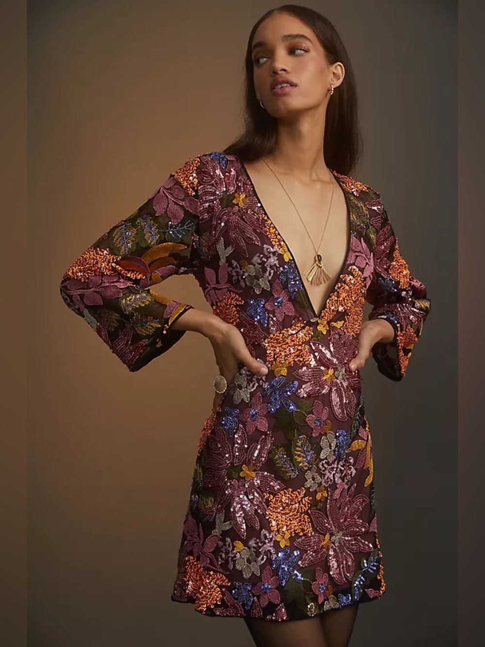 Anthropologie Sequined Embroidered Mini Dress Floral Size 4 Petite
